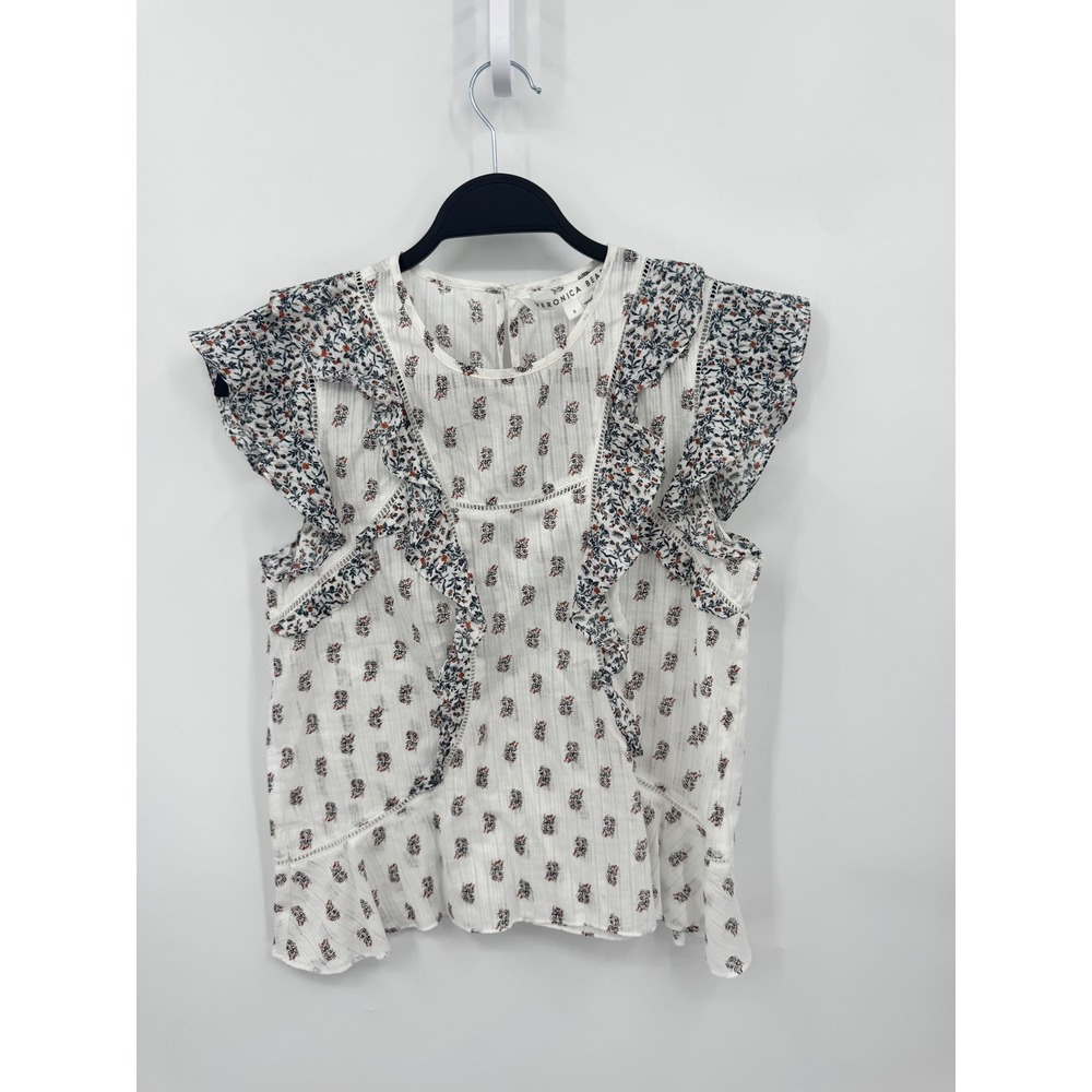 Veronica Beard Floral Ruffle Blouse Women 6 White Flutter Sleeve Cotton Blouse